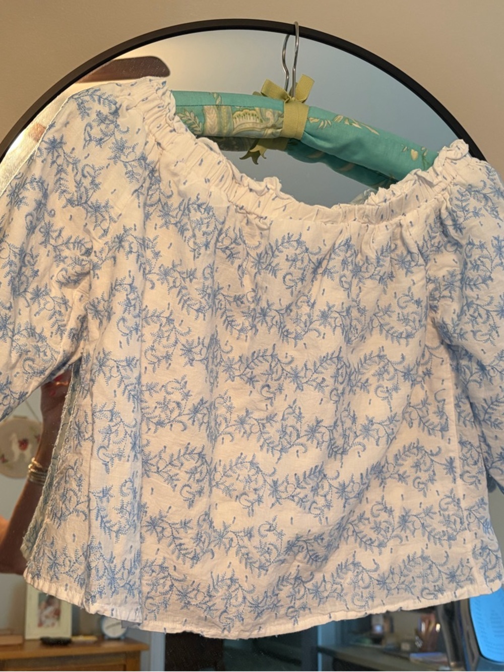 Boutique White Peasant Top with Light Blue Floral Embroidery